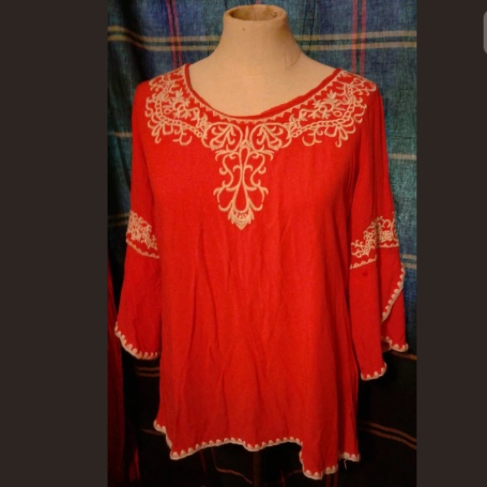 Coral Colored Handmade Embroidered Silk Blouse